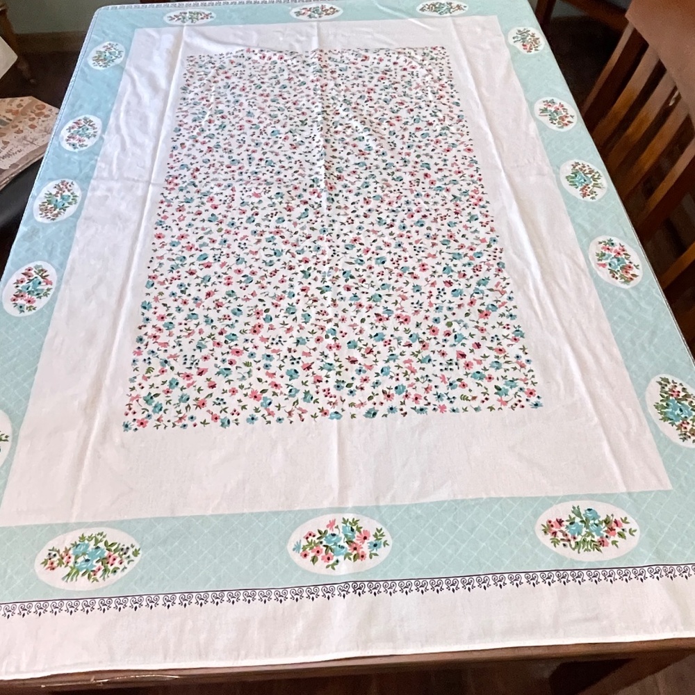 Vintage Cotton Printed MC Tablecloth Aqua Pink Black Green 52" x 63"
